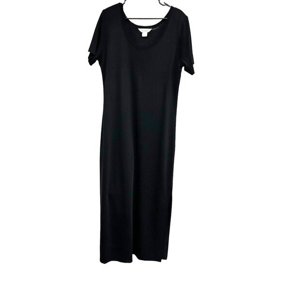 Exclusively Misook Long Black Dress Slit Hem Size L Short Sleeve - Picture 1 of 9
